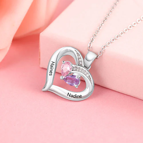 Sterling Silver Engraved Birthstone and CZ Heart Necklace - Image 3