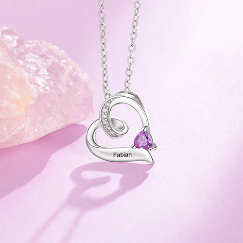Sterling Silver Engraved Birthstone and CZ Heart Necklace - Image 3