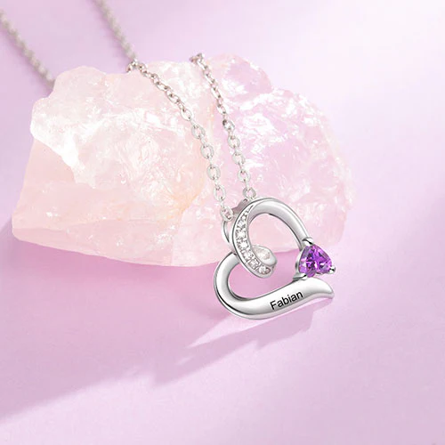 Sterling Silver Engraved Birthstone and CZ Heart Necklace - Image 4