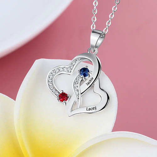 Sterling Silver Engraved Birthstone Double Heart with CZ  Necklace - Image 2