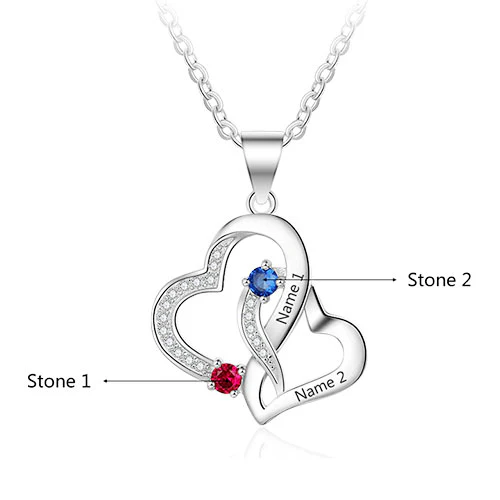 Sterling Silver Engraved Birthstone Double Heart with CZ  Necklace - Image 4
