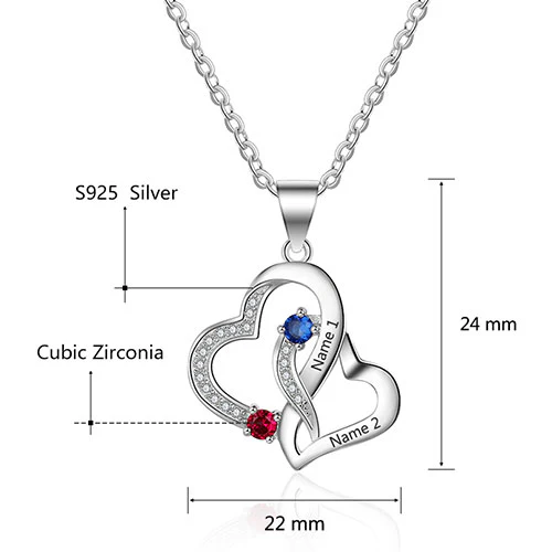 Sterling Silver Engraved Birthstone Double Heart with CZ  Necklace - Image 5