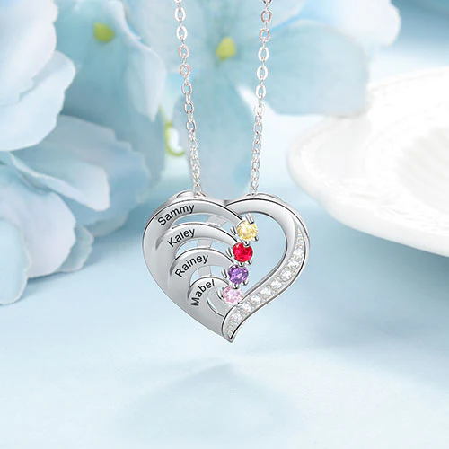 Sterling Silver Engraved Birthstone Heart with CZ Necklace - Image 2