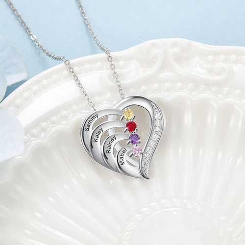 Sterling Silver Engraved Birthstone Heart with CZ Necklace - Image 3