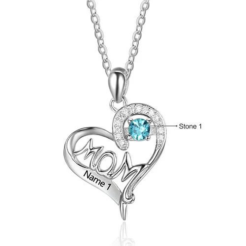 Sterling Silver Engraved Birthstone MOM CZ Accent Heart Necklace - Image 2