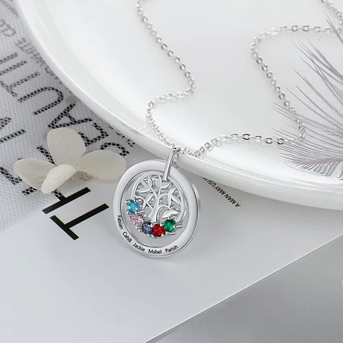 Sterling Silver Engraved Birthstone Tree of Life Necklace - Image 2