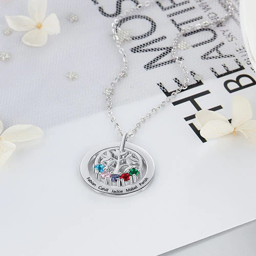Sterling Silver Engraved Birthstone Tree of Life Necklace - Image 3