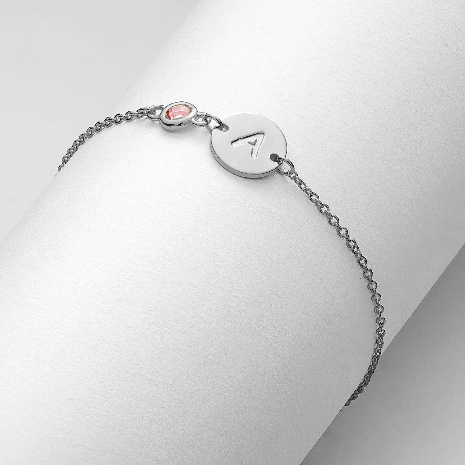 Sterling Silver Engraved Disc and Birthstone Station Bracelet - Image 2