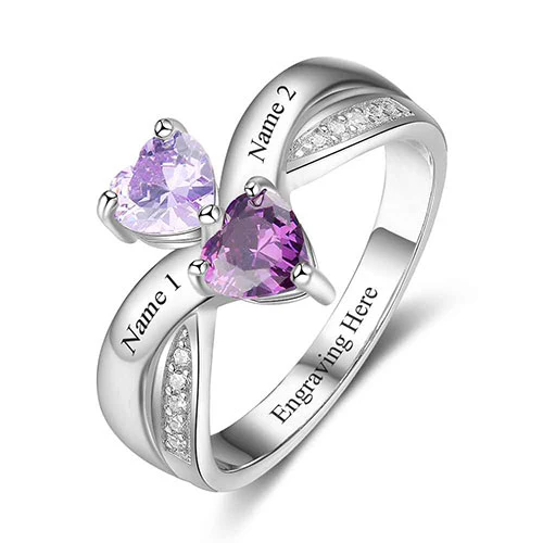 Sterling Silver Engraved Double Birthstone Heart with CZ Accent Ring - Image 2