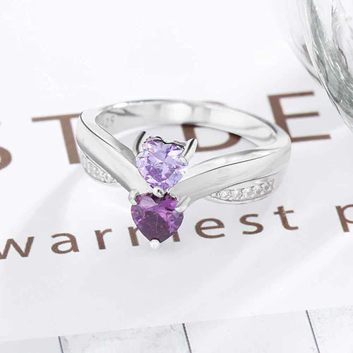 Sterling Silver Engraved Double Birthstone Heart with CZ Accent Ring - Image 3
