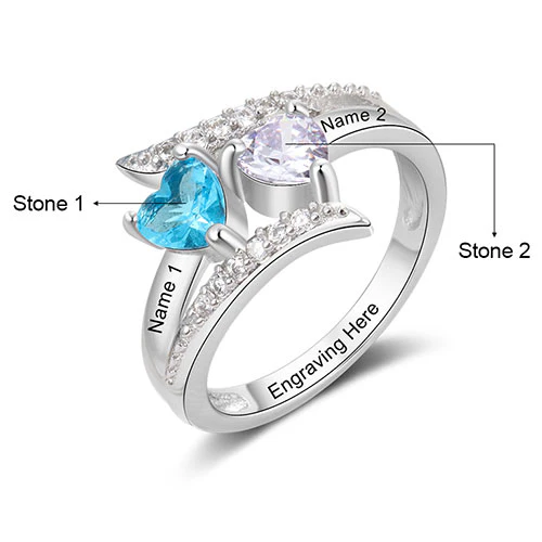 Sterling Silver Engraved Double Heart Birthstone Bypass Ring - Image 2