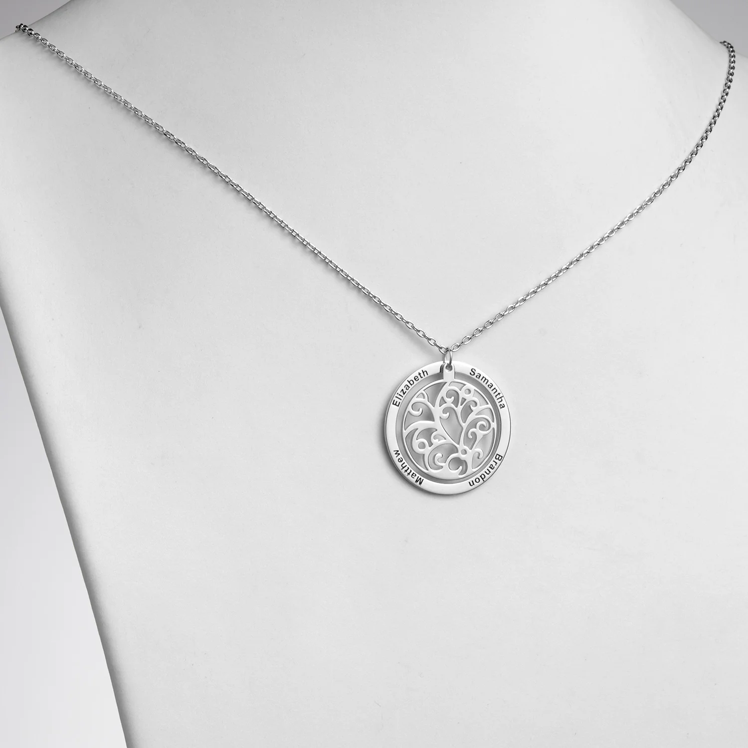 Sterling Silver Engraved Family Name with Filigree Disc Necklace - Image 2