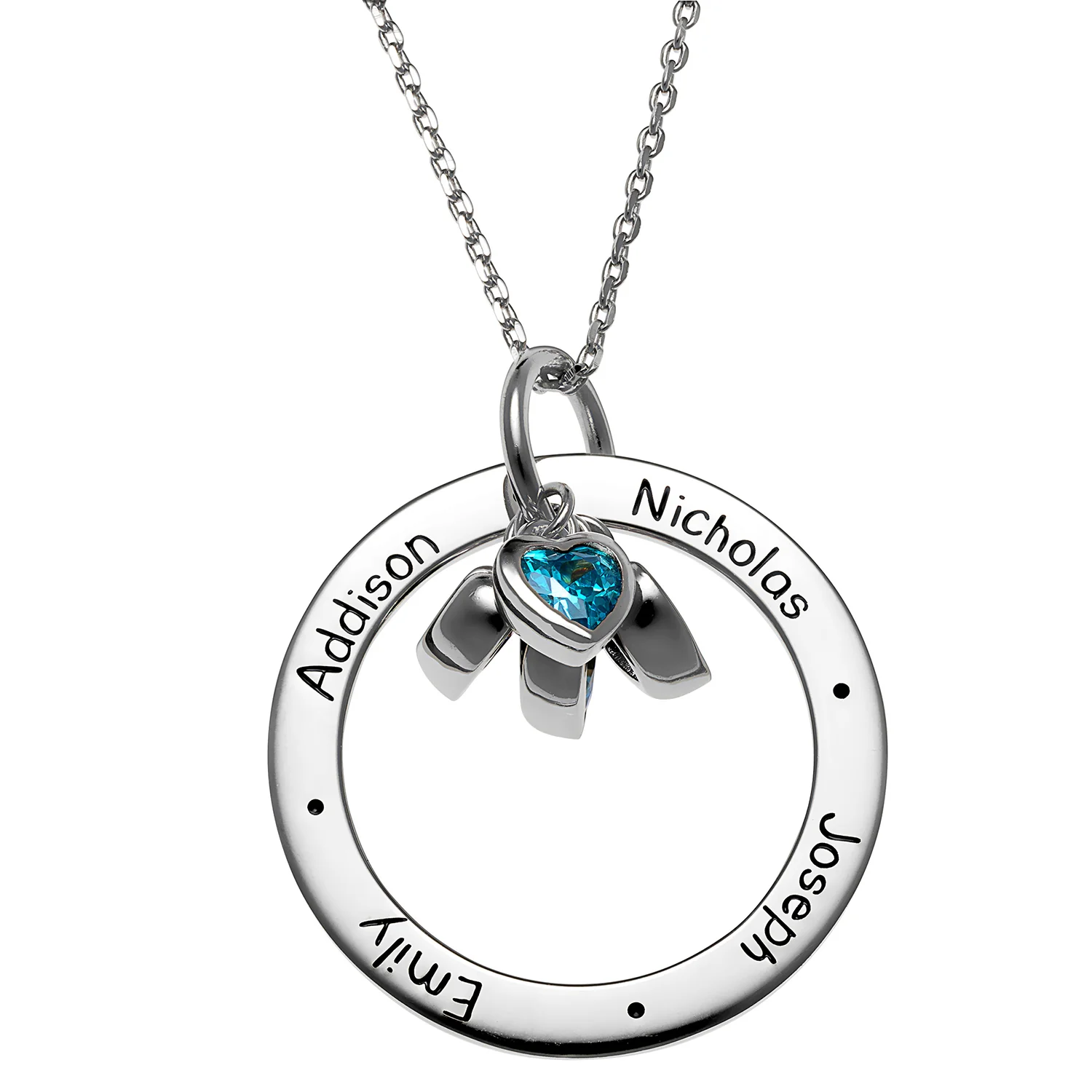 Sterling Silver Engraved Family Names Circle with Heart Birthstones Necklace