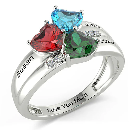 Sterling Silver Engraved Heart Birthstone 3-Stone Family Ring - Image 2