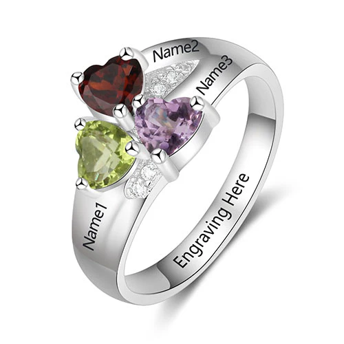Sterling Silver Engraved Heart Birthstone 3-Stone Family Ring - Image 3