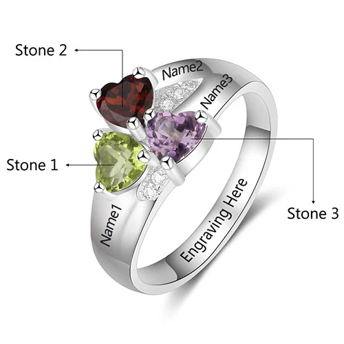 Sterling Silver Engraved Heart Birthstone 3-Stone Family Ring - Image 4