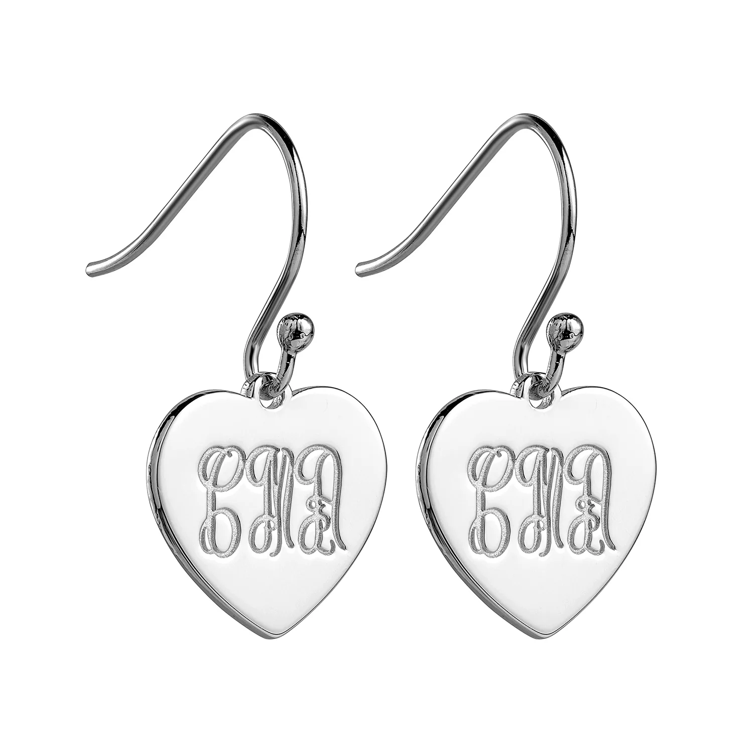 Sterling Silver Engraved Monogram Heart Dangle Earrings