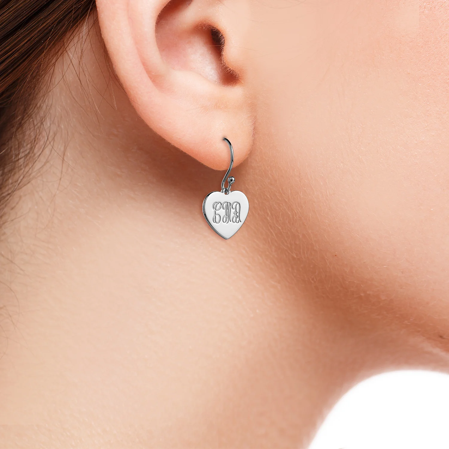 Sterling Silver Engraved Monogram Heart Dangle Earrings - Image 2