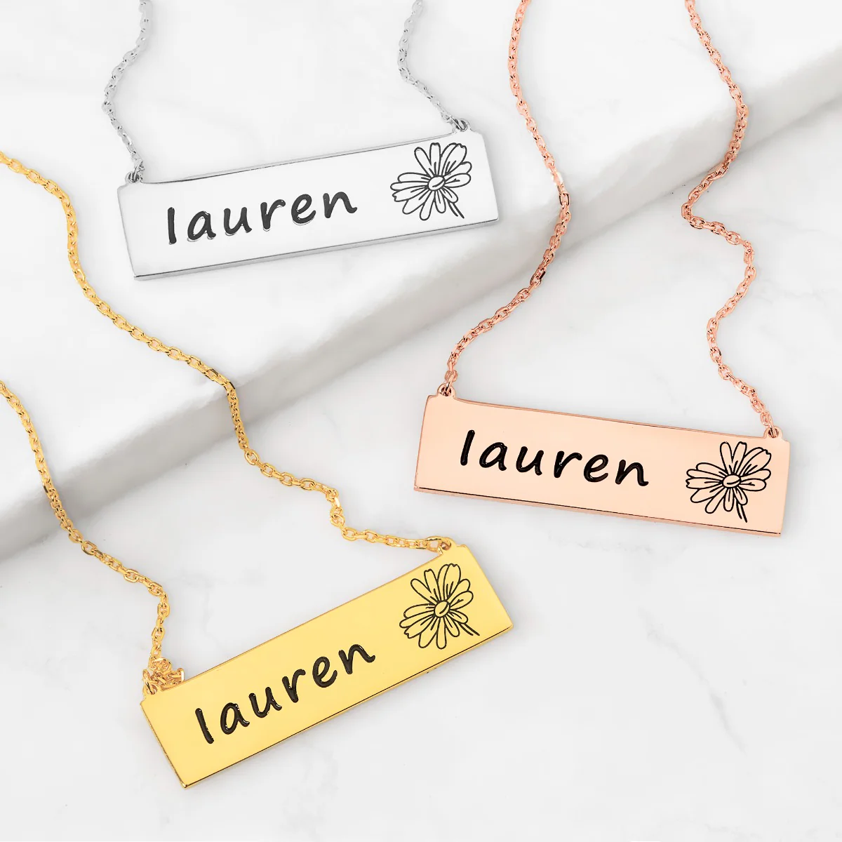Sterling Silver Engraved Name and Birthflower Bar Necklace