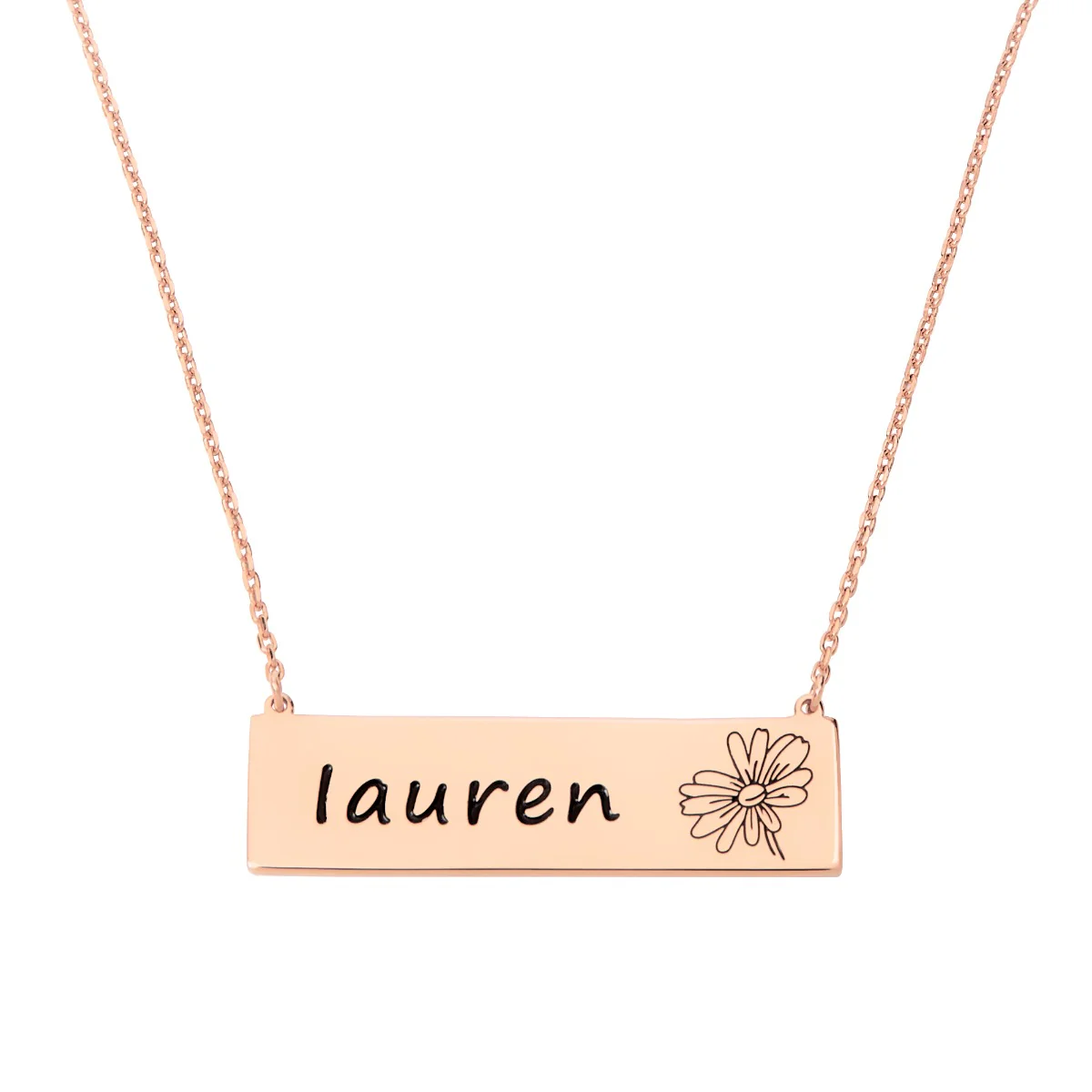 Sterling Silver Engraved Name and Birthflower Bar Necklace - Image 6