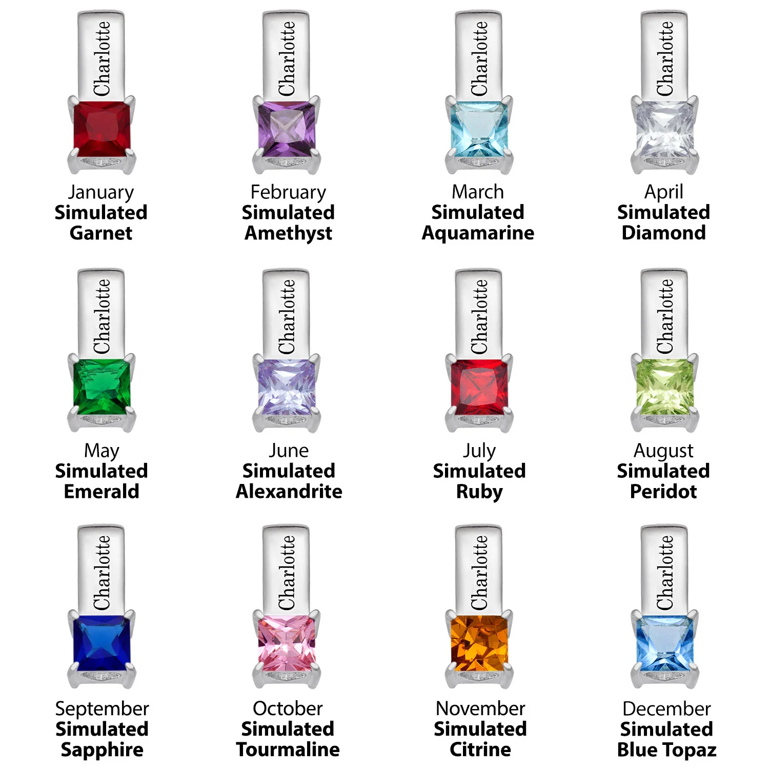 Sterling Silver Engraved Name and Birthstone Charm 2 Piece Pendant - Image 4