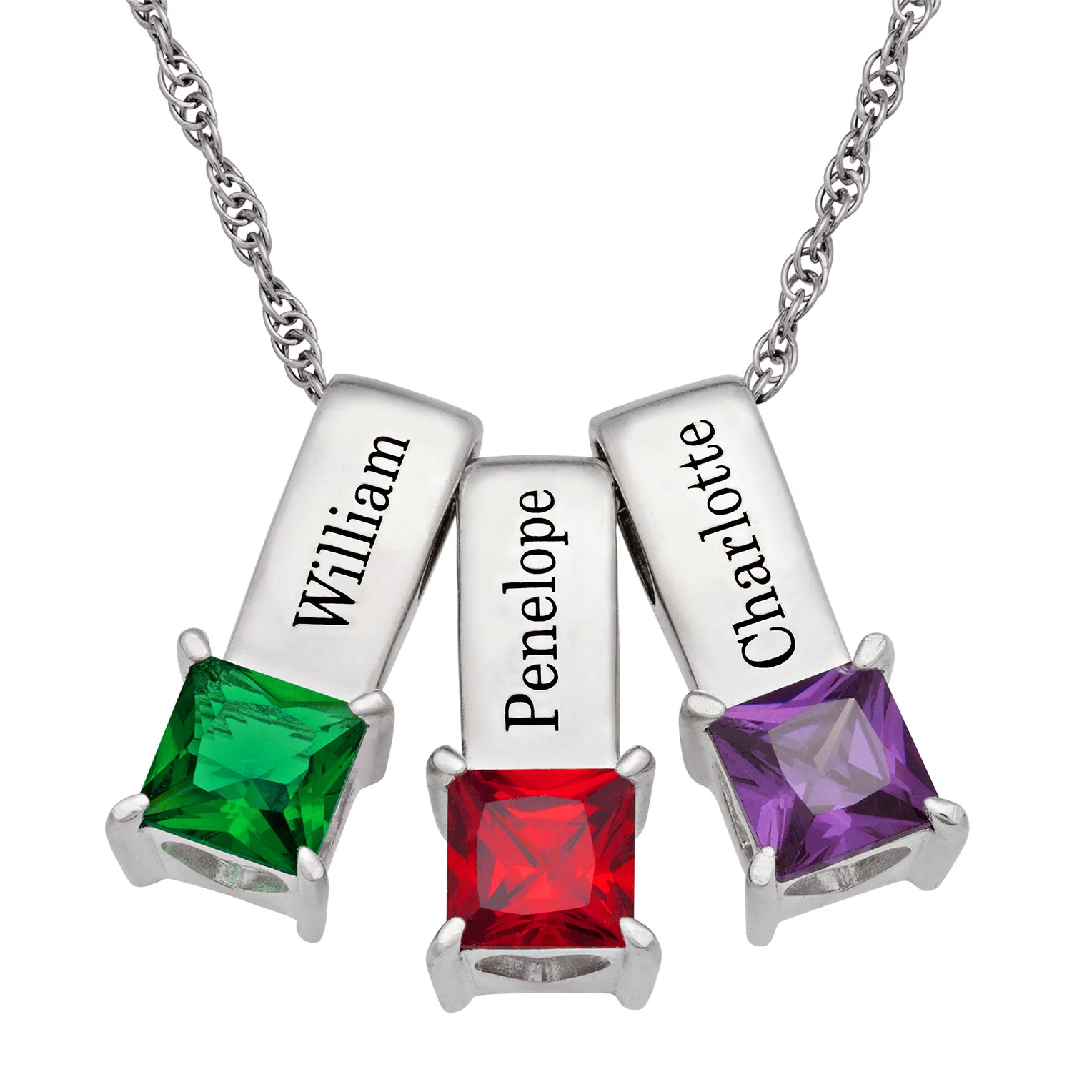 Sterling Silver Engraved Name and Birthstone Charm 3 Piece Pendant