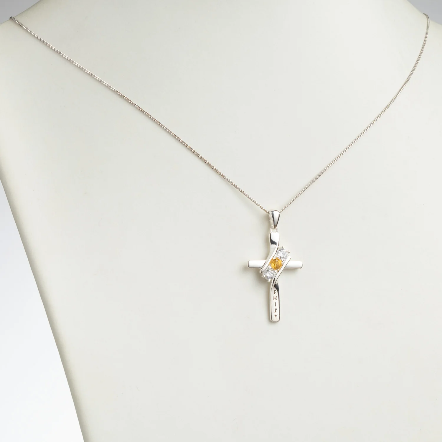 Sterling Silver Engraved Name and Genuine Birthstone Cross Pendant - Image 2