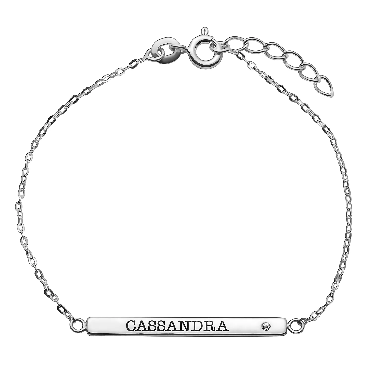 Sterling Silver Engraved Name Bar Bracelet with CZ
