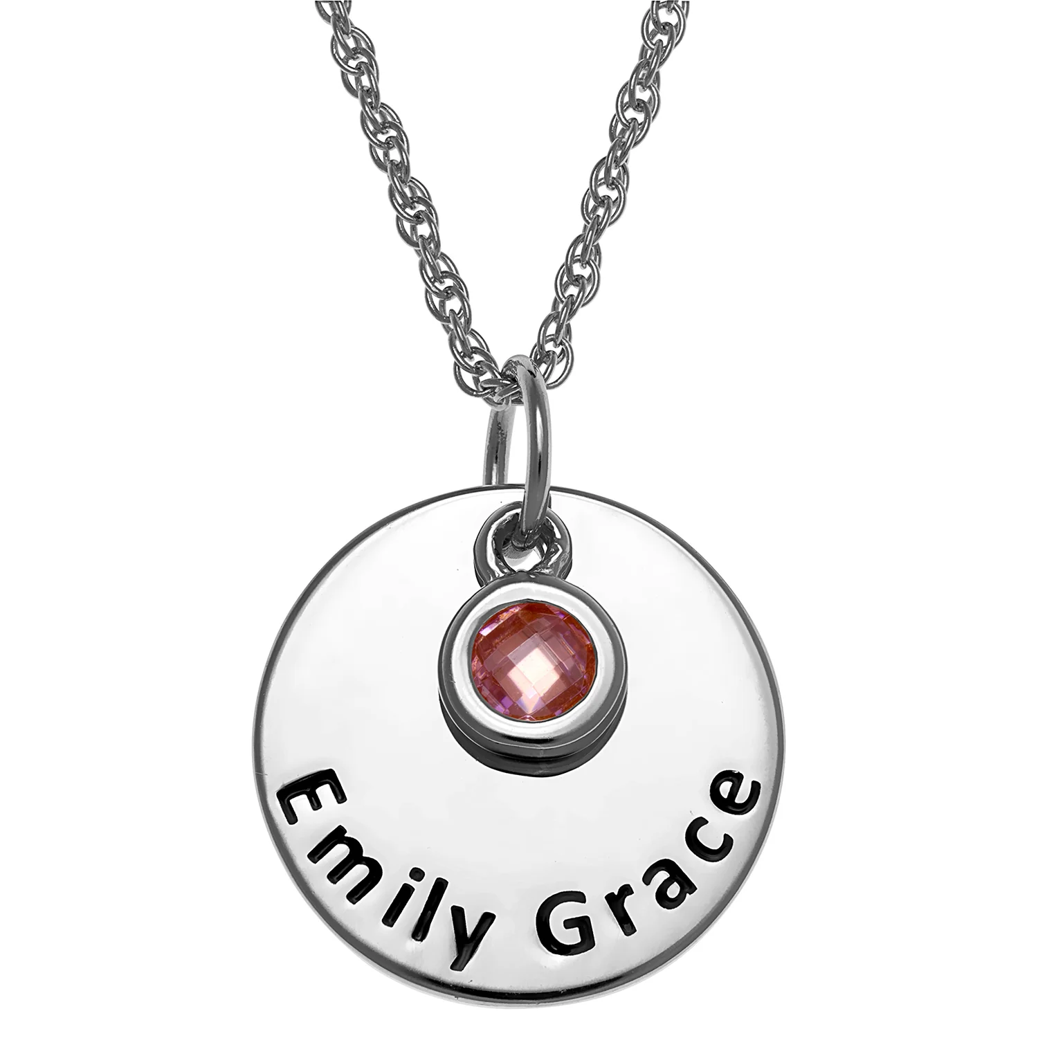 Sterling Silver Engraved Name Disc with Birthstone Charm Necklace