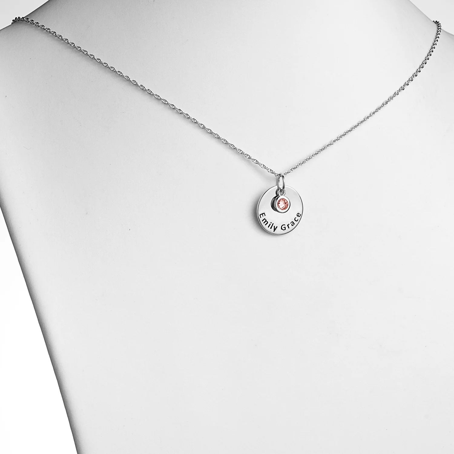 Sterling Silver Engraved Name Disc with Birthstone Charm Necklace - Image 2