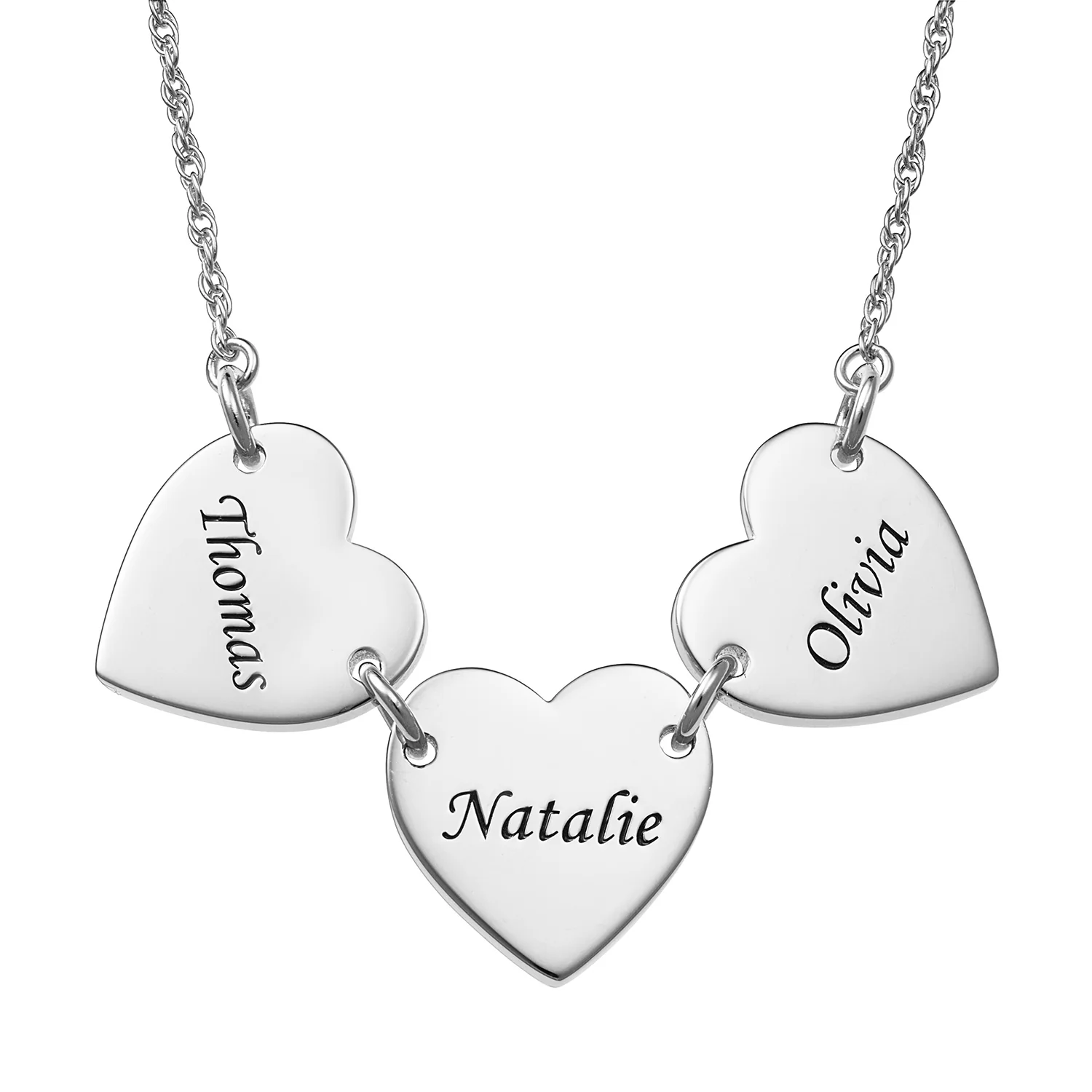 Sterling Silver Engraved Name Heart Station Necklace - 3 Names