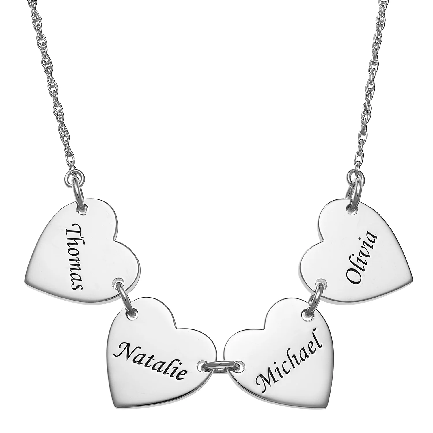 Sterling Silver Engraved Name Heart Station Necklace - 4 Names