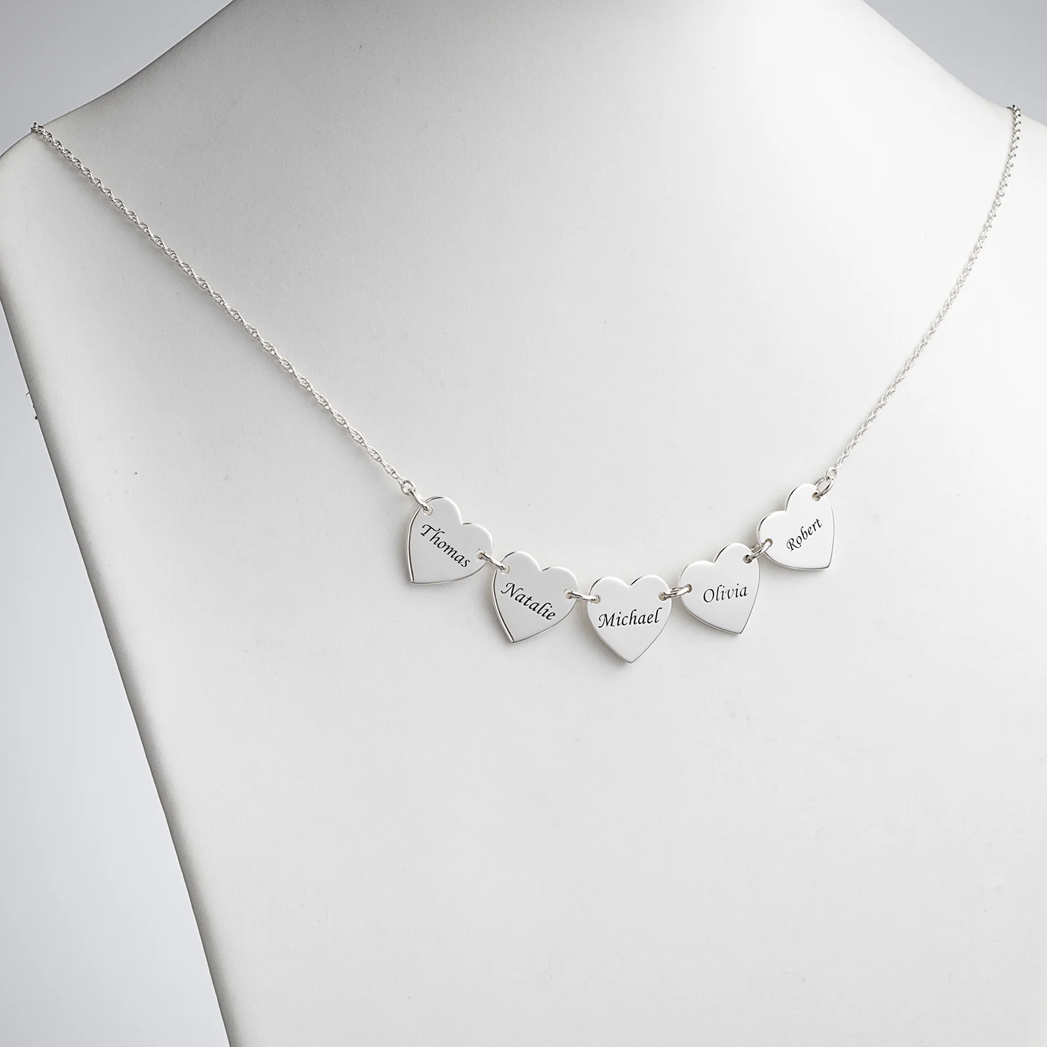 Sterling Silver Engraved Name Heart Station Necklace - 5 Names - Image 2