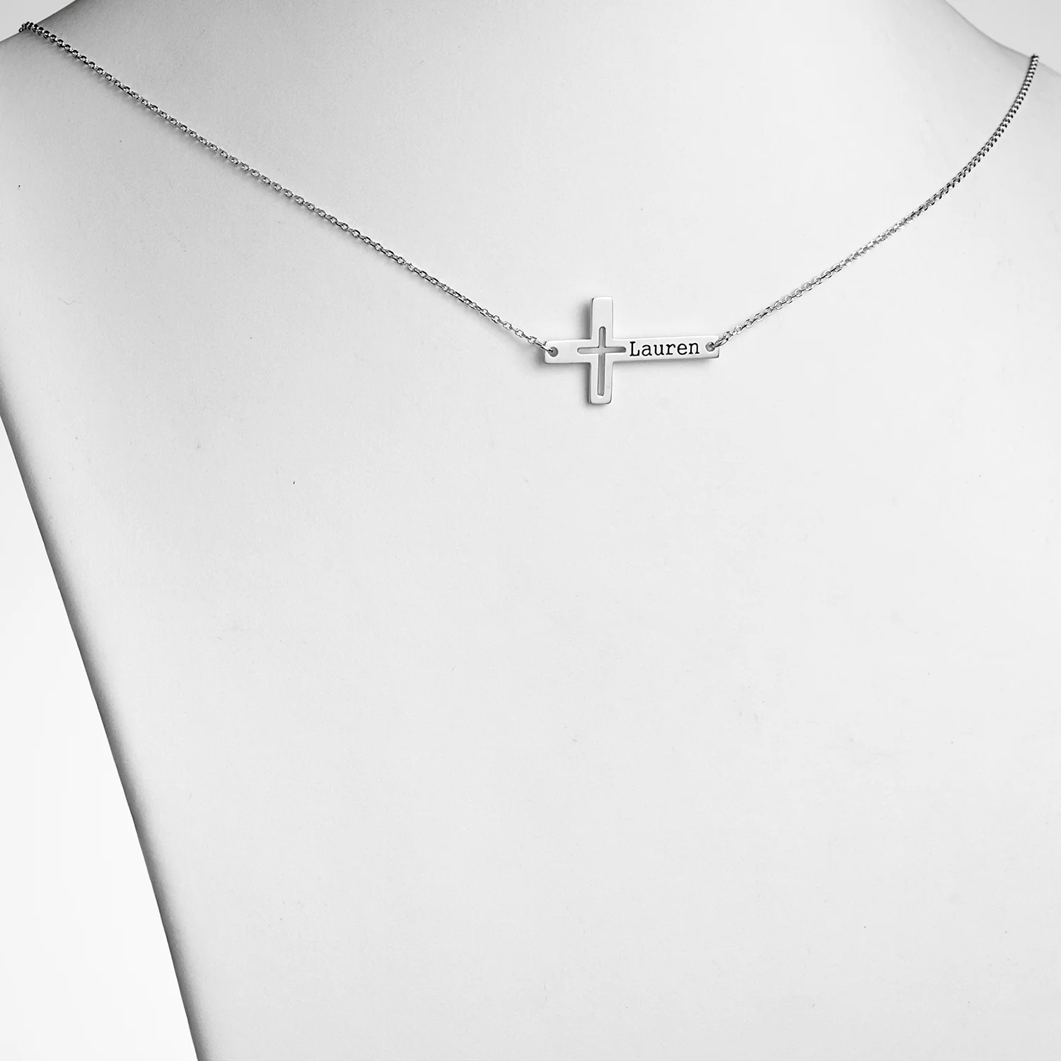 Sterling Silver Engraved Name Sideways Cross Necklace - Image 2