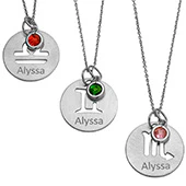 Sterling Silver Engraved Name Zodiac Symbol and Birthstone Necklace - Image 2