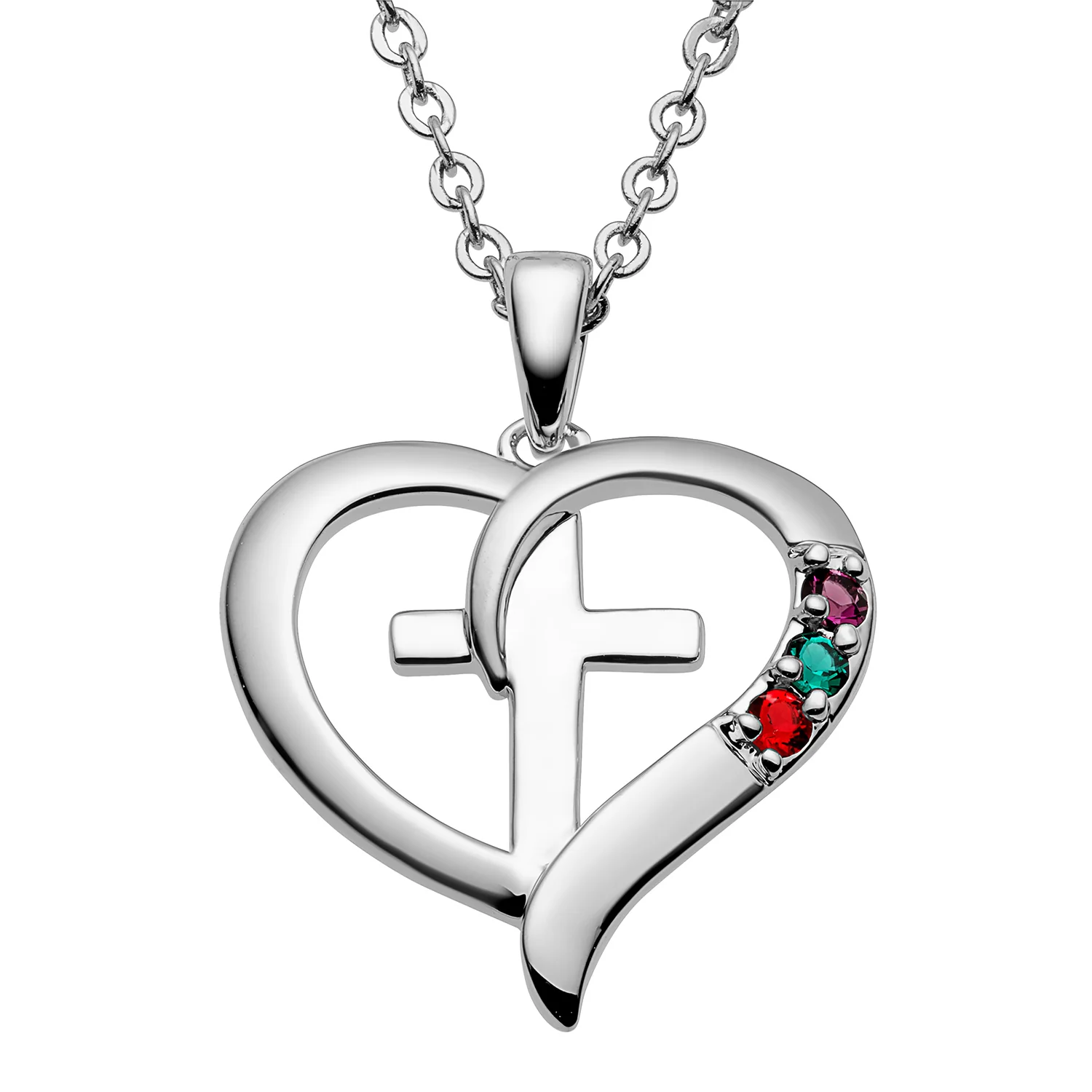 Sterling Silver Family Heart and Cross Birthstone Pendant - Image 3