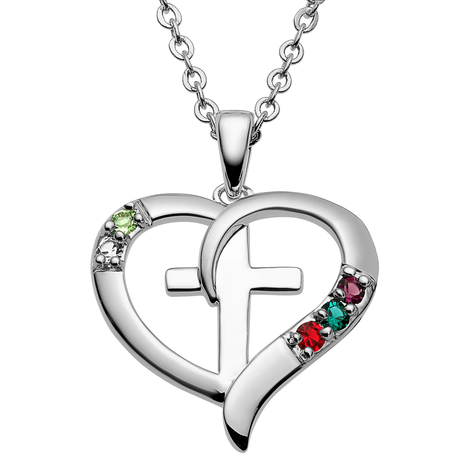 Sterling Silver Family Heart and Cross Birthstone Pendant - Image 5