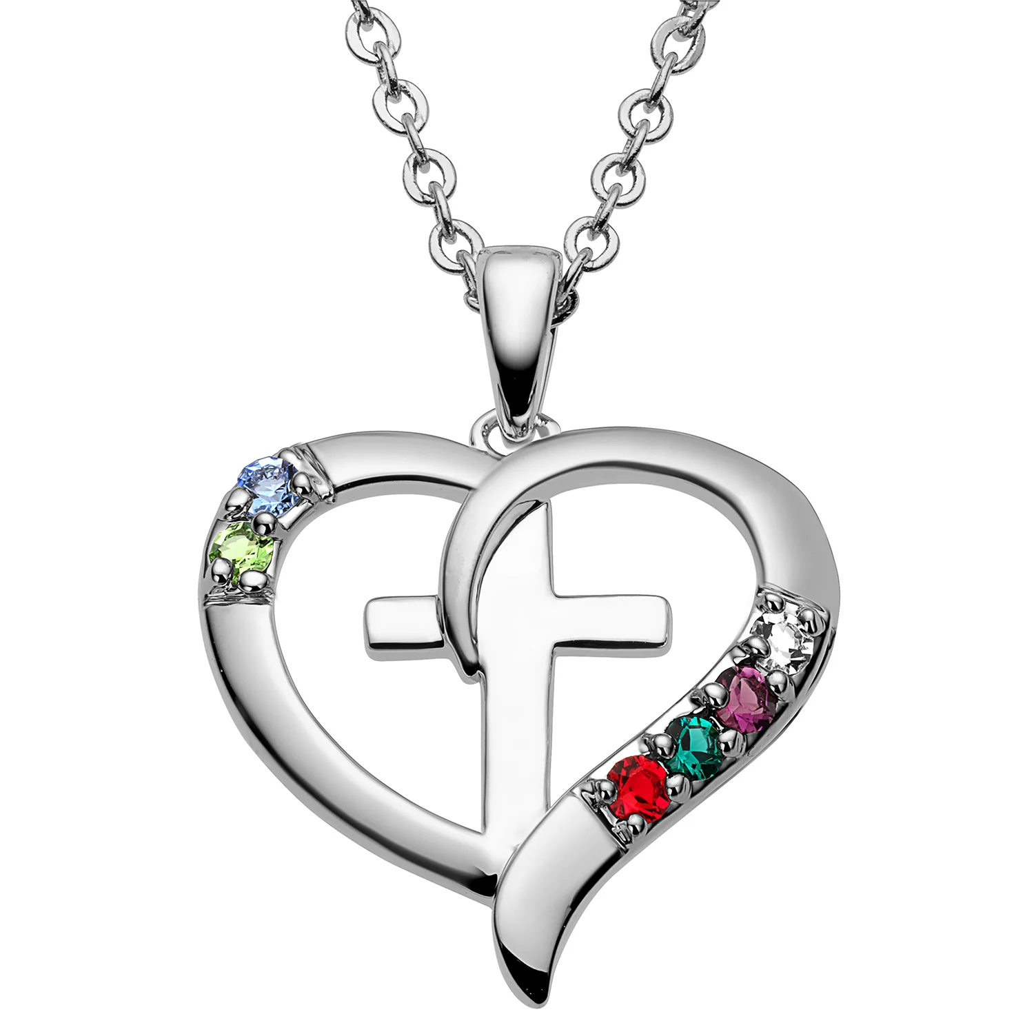Sterling Silver Family Heart and Cross Birthstone Pendant - Image 6