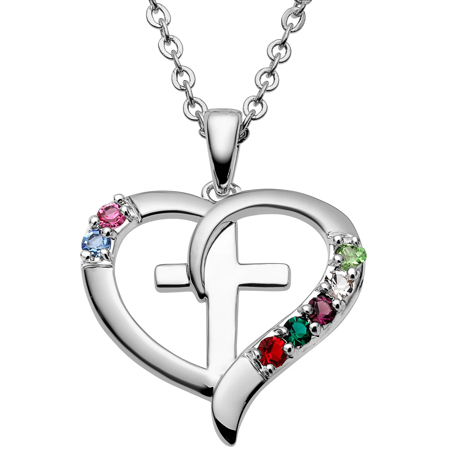Sterling Silver Family Heart and Cross Birthstone Pendant - Image 7