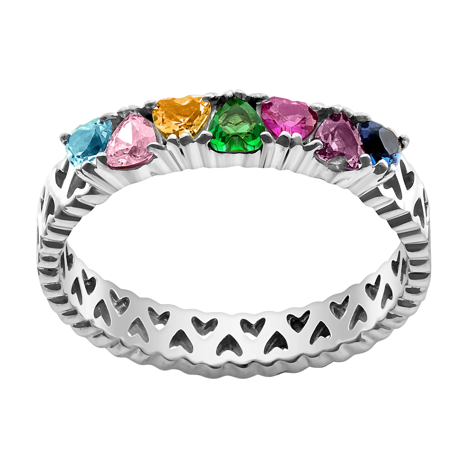 Sterling Silver Family Hearts Birthstone Ring