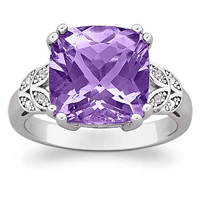 Sterling Silver Genuine Cushion-cut Amethyst & Diamond Ring