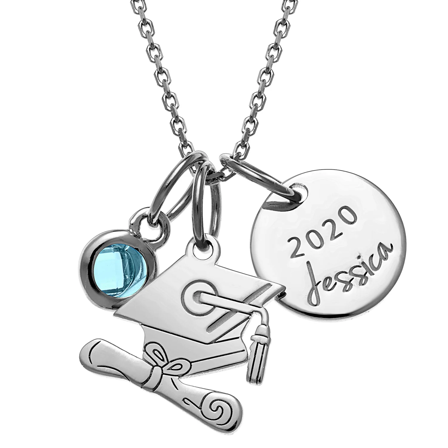 Sterling Silver Graduation Cluster Charm Necklace with Birthstone