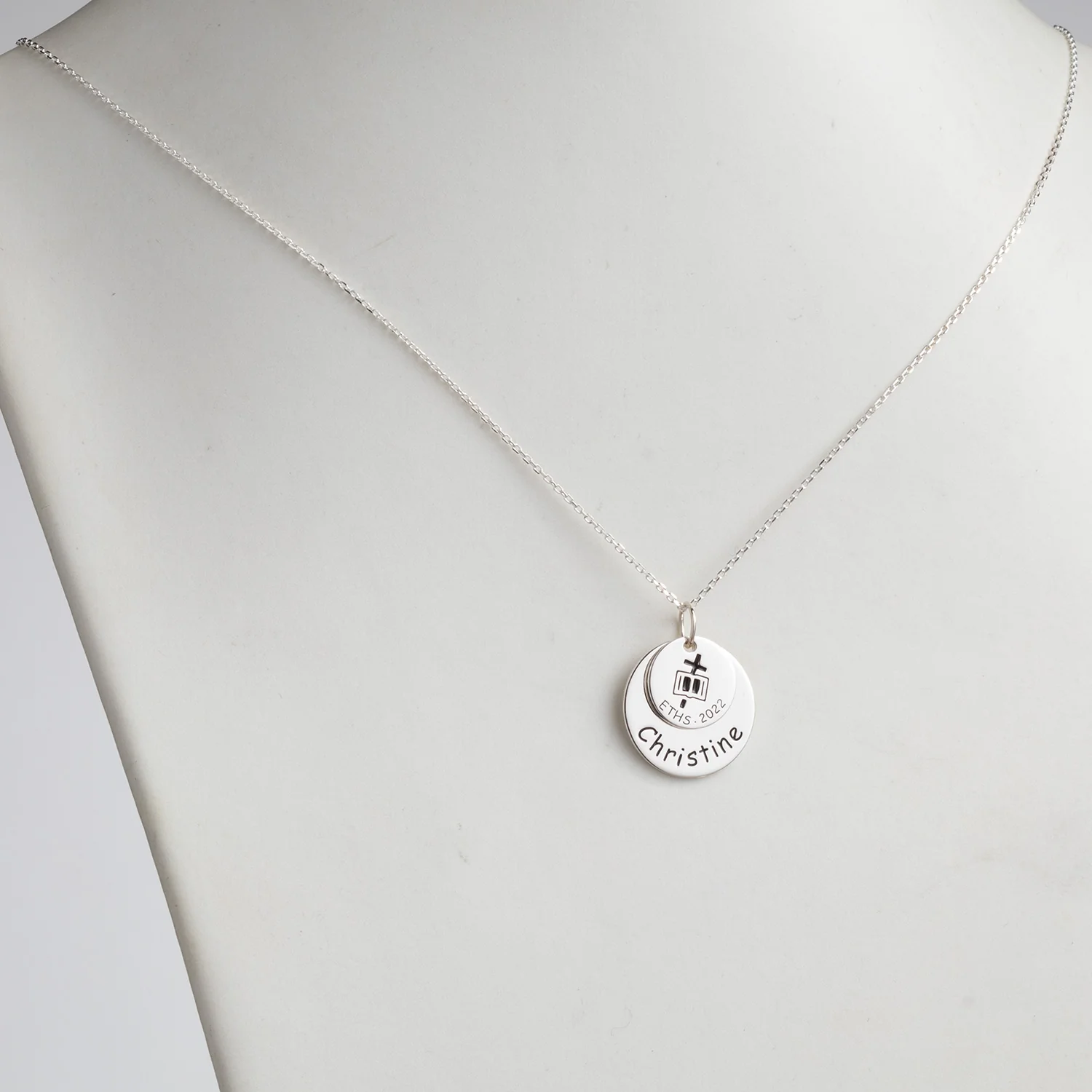 Sterling Silver Graduation Double Disc Necklace with Engraved Cross and Bible - Image 2