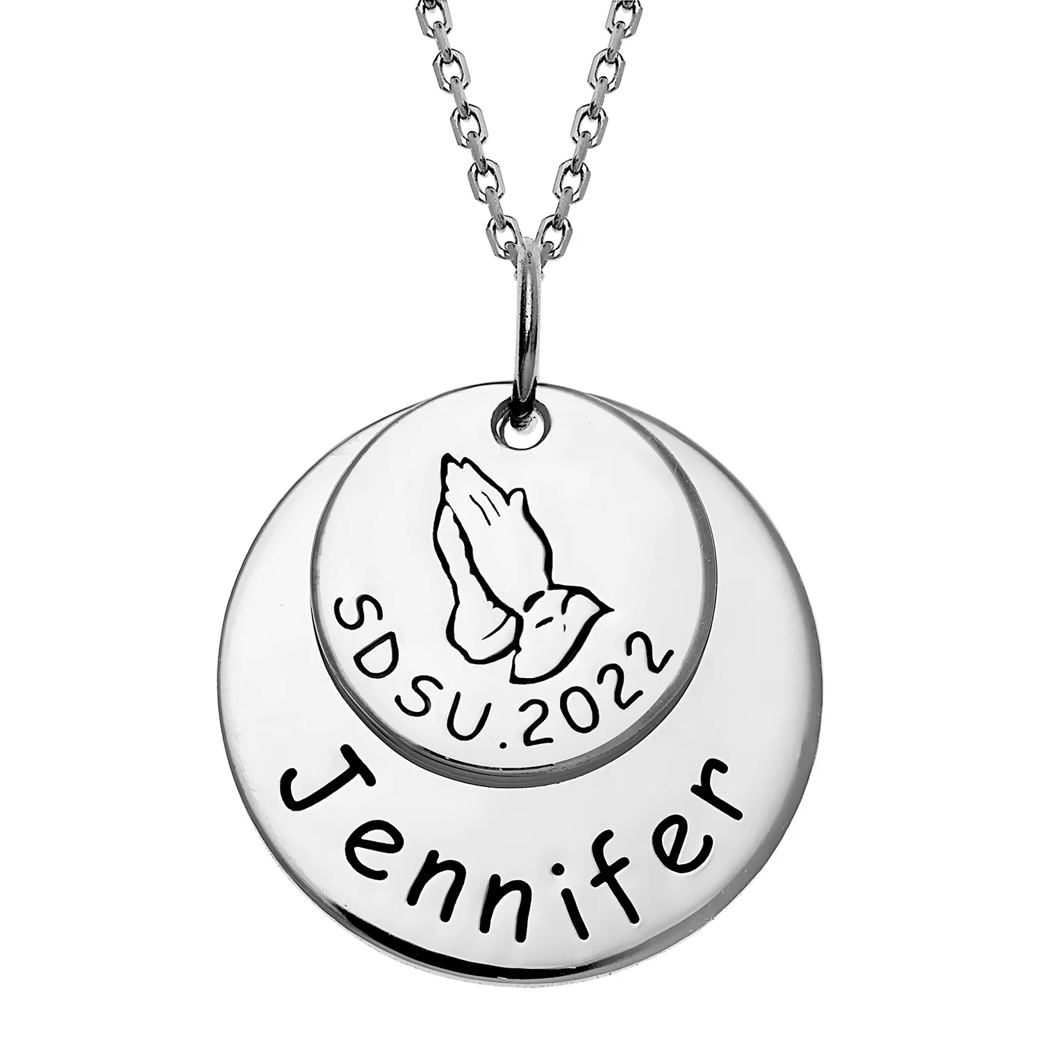 Sterling Silver Graduation Double Disc Necklace with Praying Hands