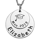 Sterling Silver Graduation Double Disc with Engraved Grad Cap Necklace - Image 2