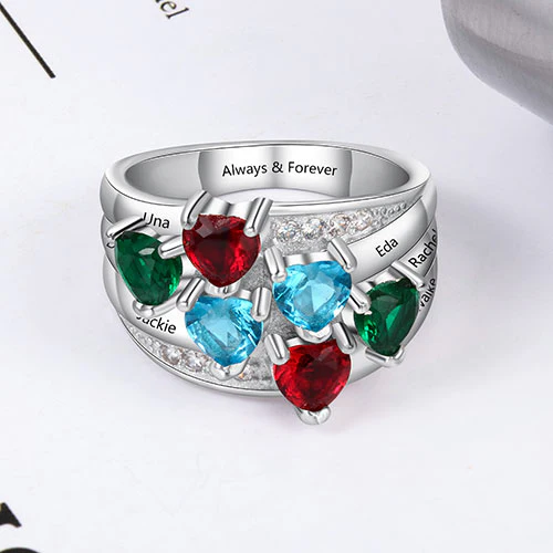Sterling Silver Heart Birthstone Famly Name with CZ Accent Ring - Image 2