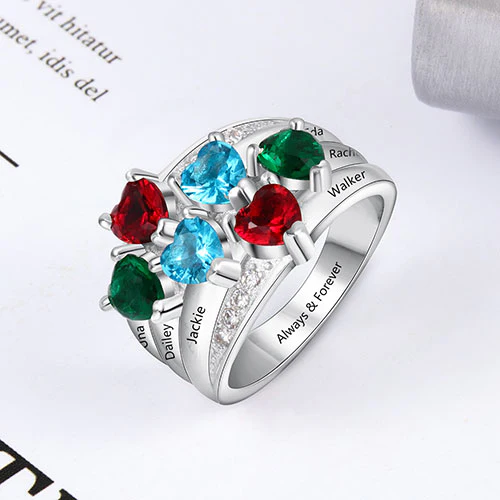 Sterling Silver Heart Birthstone Famly Name with CZ Accent Ring - Image 4