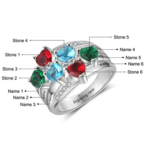 Sterling Silver Heart Birthstone Famly Name with CZ Accent Ring - Image 5