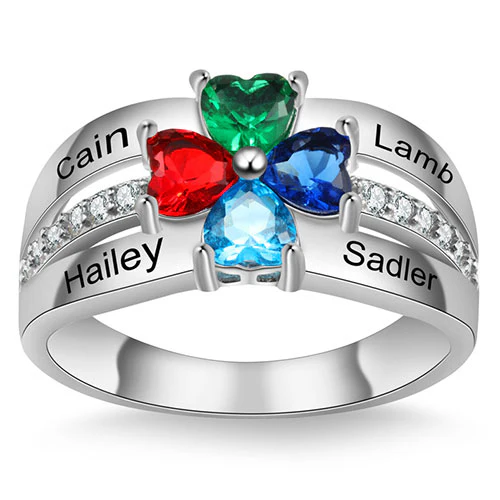 Sterling Silver Heart Birthstone with CZ Accent Family Name Ring