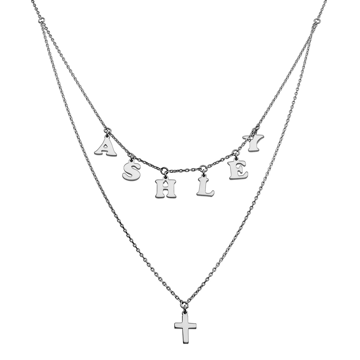 Sterling Silver Layered Name and Cross Double Necklace